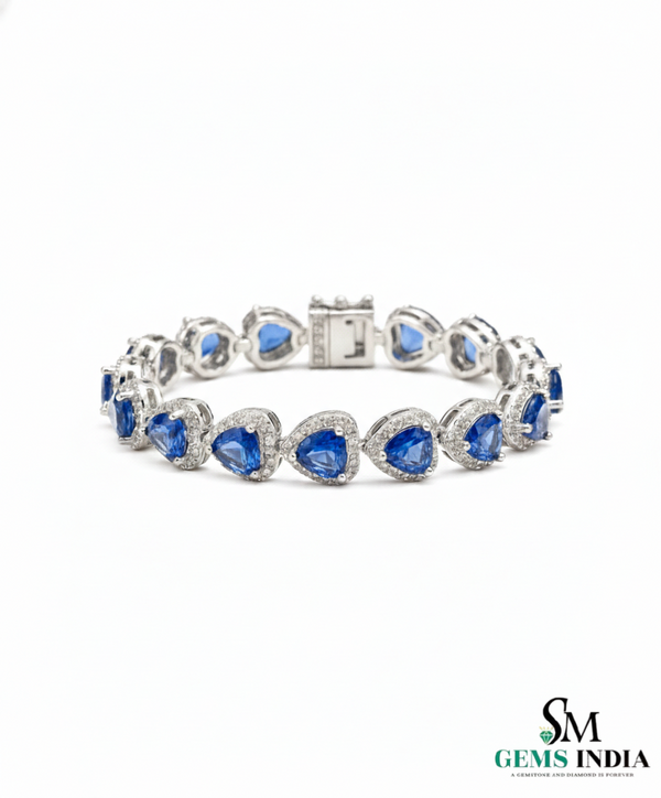 Heart Shape Lab Grown Blue Sapphire & Diamond Halo Bracelet - Romantic gift for her