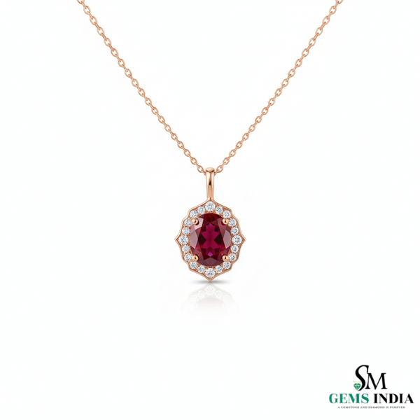 Vintage Style Oval Cut Natural Ruby and Diamond Halo Pendant in 18k Gold