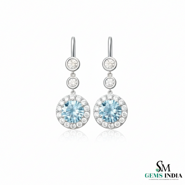 March Birthstone Round Aquamarine Diamond Drop Earrings – Fine Gold Jewelry