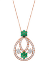 Floral Double Loop Round Natural Emerald and Diamond Teardrop Pendant in 14k gold