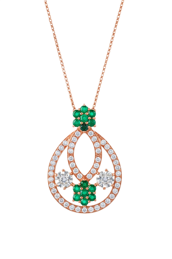 Floral Double Loop Round Natural Emerald and Diamond Teardrop Pendant in 14k gold