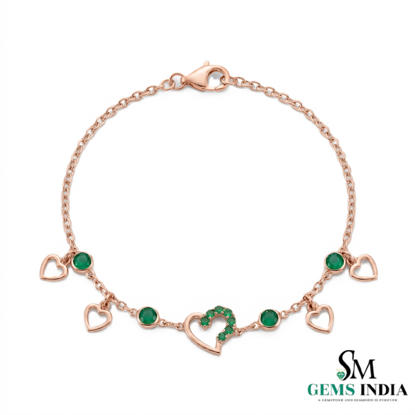 Gold Heart Charm Bracelet with Round Emerald Stones – Romantic Dainty Jewelry