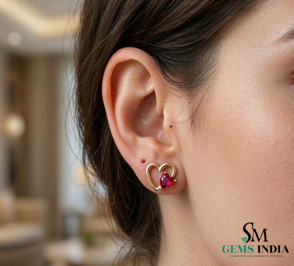 Heart Shaped Natural Ruby Stud Earrings - Valentine Gift for Her