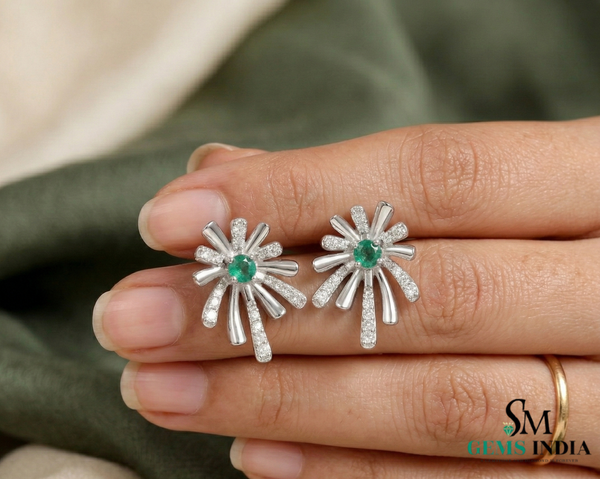 Emerald & Diamond Floral Burst Stud Earrings - Fine Emerald Jewelry