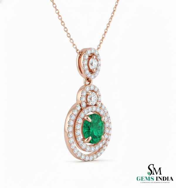 Eternal Round Natural Emerald Circle Pendant Double Halo Gold Pendant