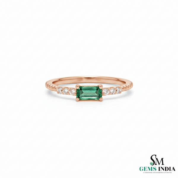 Mini Style Natural Emerald Baguette And Diamond Gift Ring - 14K Solid Gold Women Real Emerald Ring