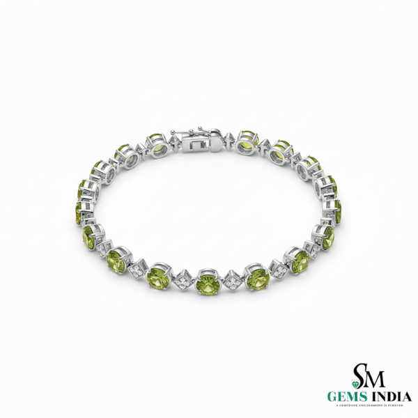 Natural Peridot & Diamond Tennis Bracelet - Elegant Green Gemstone Bracelet