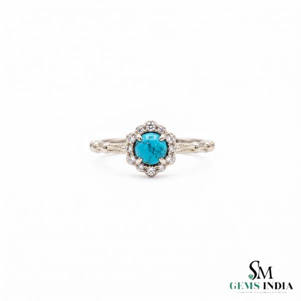 Round Turquoise Ring With Diamond Halo –Elegant Fine Jewelry