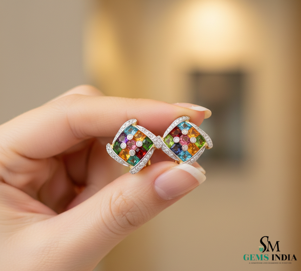 Multicolor Sapphire Cluster Earrings with Diamond Halo - Colorful gemstone earrings