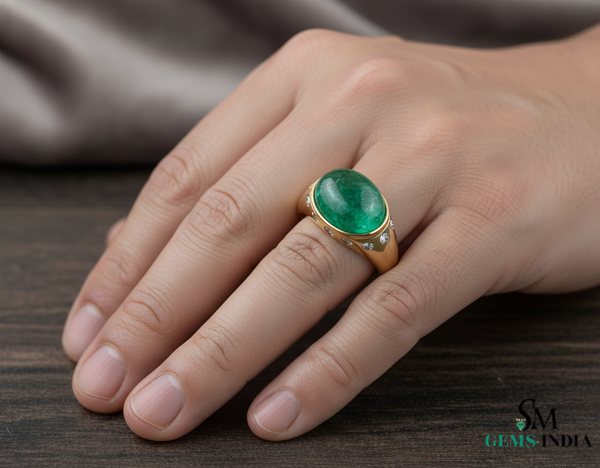Real Emerald Cabochon Men's Ring - 18k Gold & Diamond May Birthstone