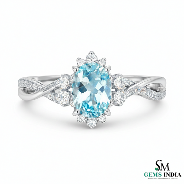 Natural Aquamarine Oval Diamond Ring - Twisted Gold Band