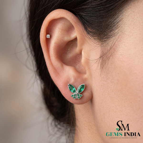 Emerald Marquise Butterfly Stud Earrings – Green Gemstone Diamond Accent Nature Inspired Fine Jewelry