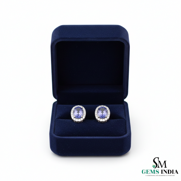 Minimal Oval Cut Tanzanite Halo Stud Earrings in 18k Gold