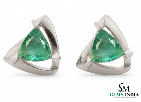 Trillion Cut Triangle shape Natural Emerald Stud Earrings in 14k gold Bold Geometric Earrings