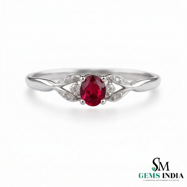 Natural Oval Ruby Ring with Diamond Leaf Design - Classic Ruby Jewelry