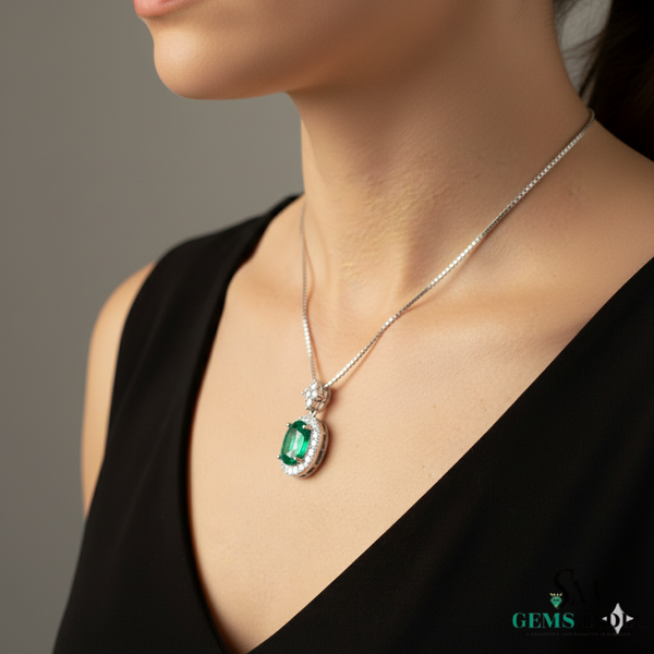 Oval Cut Natural Emerald Pendant with Diamond Halo Gemstone pendant for women