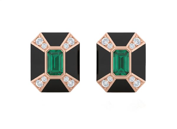 1.30 carat Emerald Cut Zambian Emerald & Diamond Black Enamel 14k Gold Stud Earrings