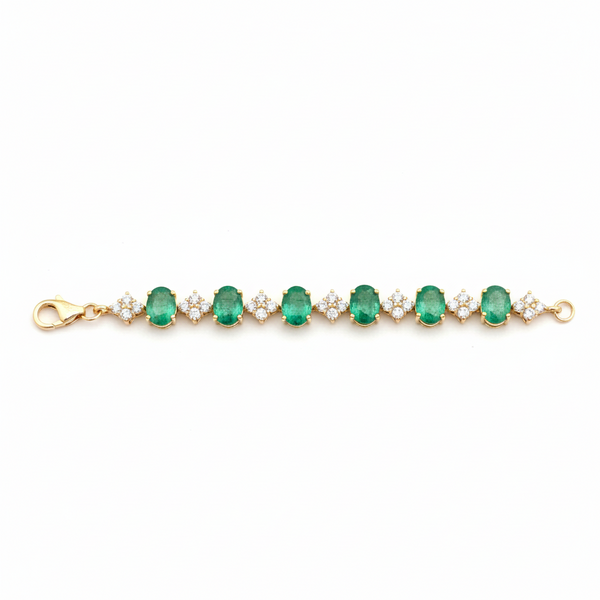 Oval cut Natural Zambian Emerald and Diamond Bracelet - 18K Solid Gold May Birthstone