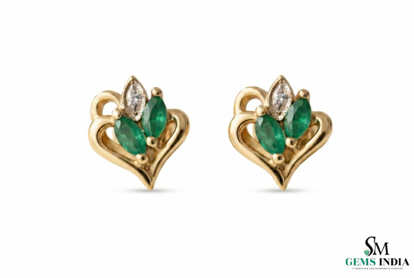 Marquise Emerald Heart Shaped Gold Stud Earrings