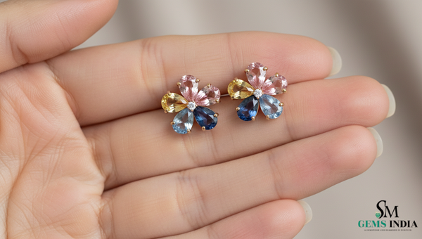 Multicolor Sapphire & Gemstone Flower Stud Earrings – Floral Diamond Accent Earrings for Women