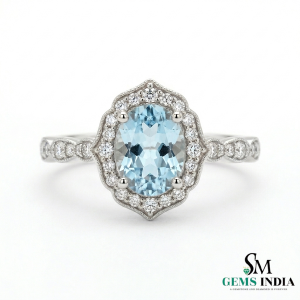 Vintage Oval Aquamarine Halo Ring with Diamond Accents Art Deco Inspired Engagement Ring