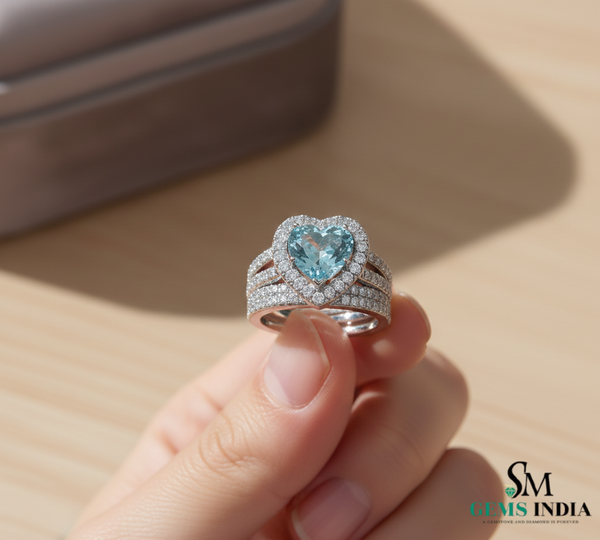 Natural Aquamarine Heart Diamond Ring for Women - Engagement Ring