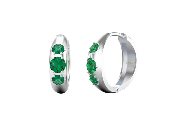 Three Stone Design 1.80 caratRound Natural Emerald Huggie Hoop Earrings