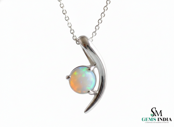 Round Opal Birthstone Crescent Pendant for Women