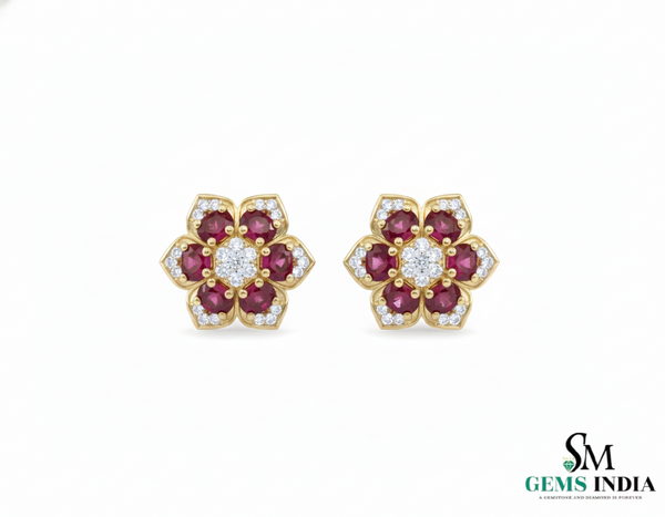 Oval shape Natural Ruby Floral Stud Earrings with Diamond Accents Elegant Gold Jewelry