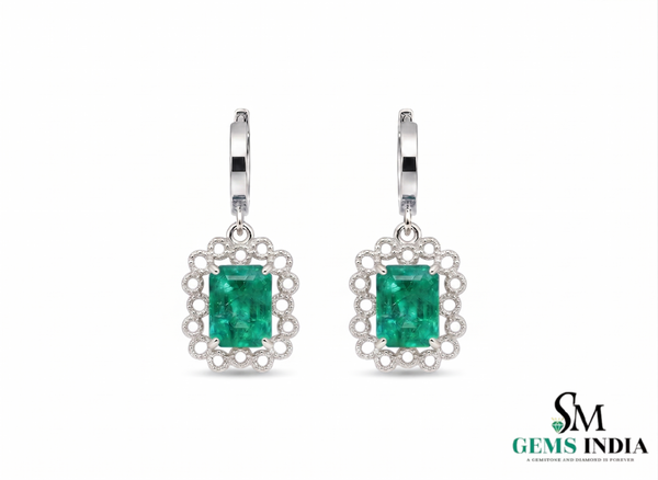 Gold Drop Earrings with Emerald cut Natural Green Stone &amp; Sparkling Halo