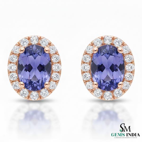 Minimal Oval Cut Tanzanite Halo Stud Earrings in 18k Gold