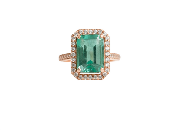 4.50 Carat Natural Emerald and Diamond Halo Ring in 14K Gold Emerald Cut Engagement Ring