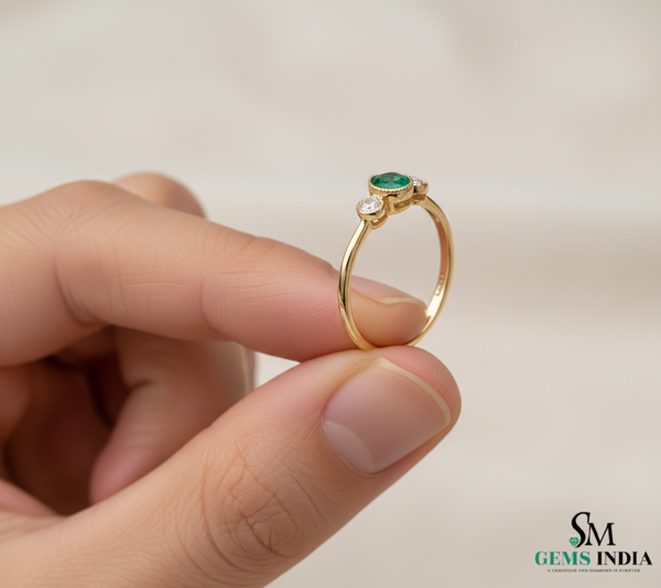 Doppelter Smaragd-Ring in offenem Design aus 14 Karat Gold – Band mit quadratisch und rund geschliffenen grünen Edelsteinen