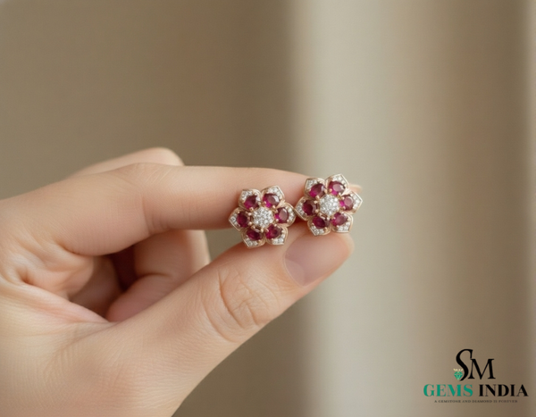 Oval shape Natural Ruby Floral Stud Earrings with Diamond Accents Elegant Gold Jewelry