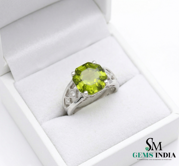 Hexagon Cut Peridot Ring with Diamond Accents