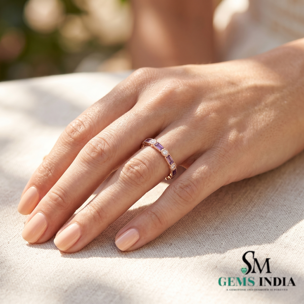 Emerald cut Amethyst & Diamond Eternity Band Ring - Fine Jewelry Gift