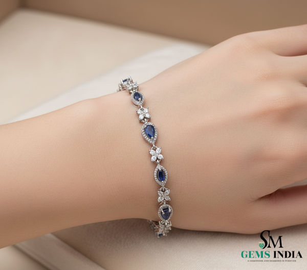 Blue Sapphire & Diamond Flower Bracelet in 14k and 18k Gold – Elegant Women’s Bracelet