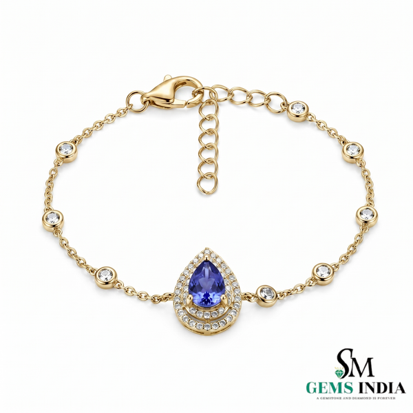 Natural Pear Tanzanite Bracelet with Diamond Halo Fine - Jewelry Gift for Her