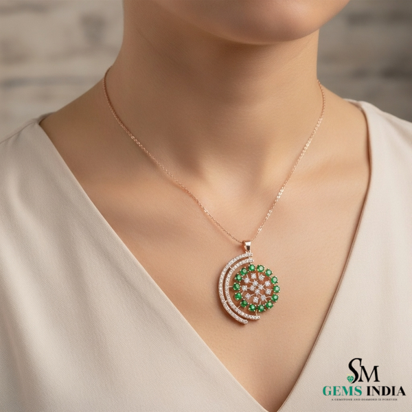 Round Natural Emerald; Diamond Spiral Flower Pendant in 18K Gold