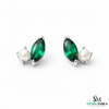 Marquise Cut Emerald & Pearl Stud Earrings – Green Gemstone Minimalist Fine Jewelry