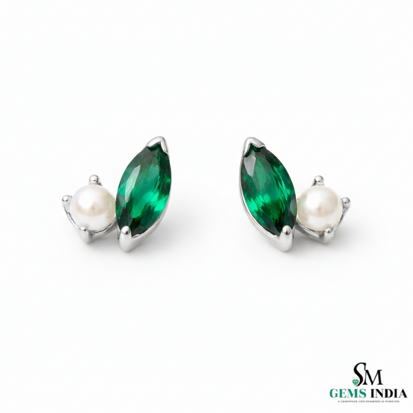 Marquise Cut Emerald & Pearl Stud Earrings – Green Gemstone Minimalist Fine Jewelry