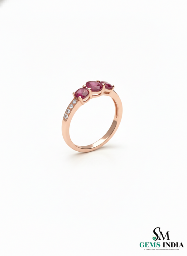 Minimalist Round Natural Ruby Three-Stone Diamond Ring Fine Jewelry Gift