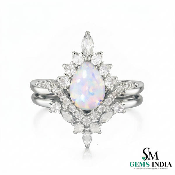 Vintage Teardrop Opal Oval Engagement Ring Double Band Statement Ring