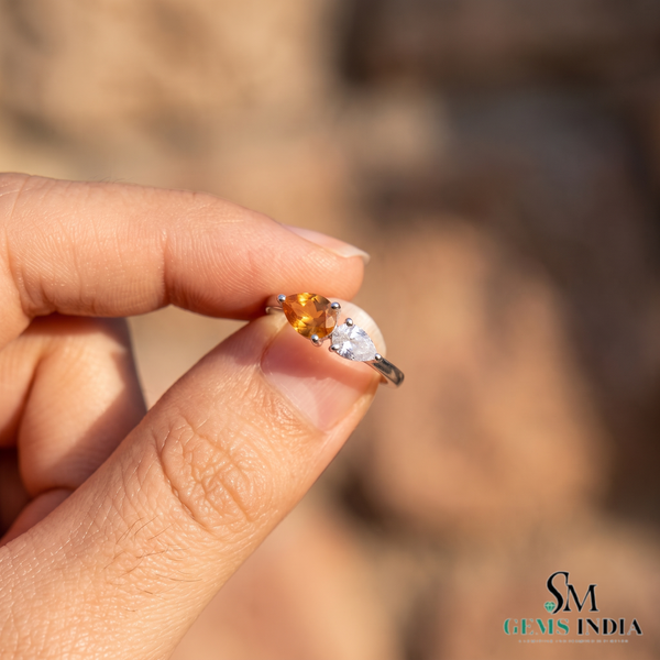 Pear Shaped Citrine Diamond Ring - Gift For Women