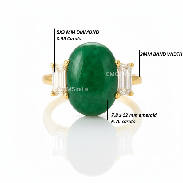6.70 Carat Oval Shape Cabochon Natural Green Emerald And baguettes Diamond Engagement Ring 14k Solid Gold Ring