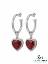 Heart Shaped Ruby Dangle Hoop Earrings with Diamond Halo - Romantic Jewelry For Her