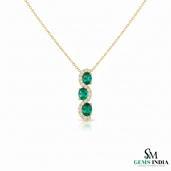 Three-Stone Oval Natural Emerald Halo Diamond Swirl Pendant in 18k Gold emerald gift for her
