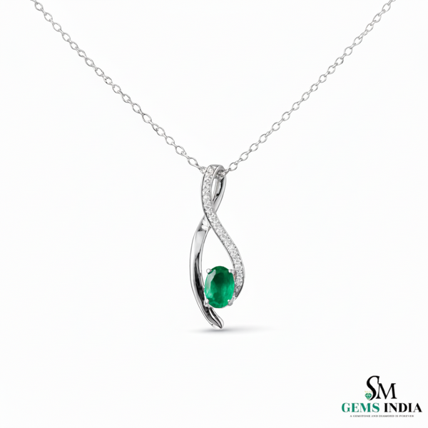 Oval Shape Natural Green Emerald & Diamond Twist Pendant - Green Gemstone Jewelry
