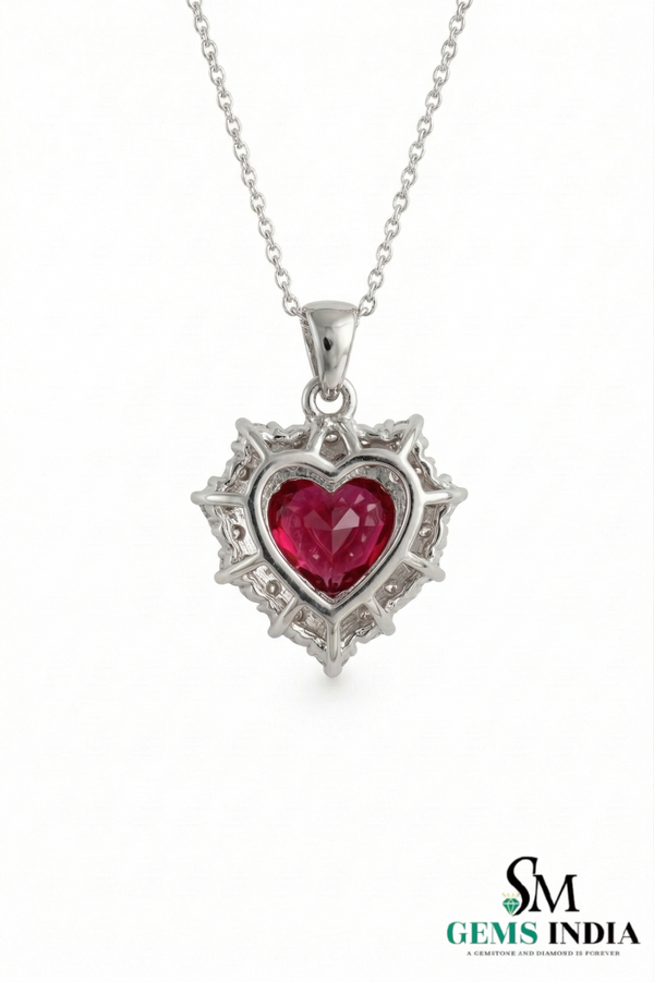 Heart Shape Red Ruby & Diamond Halo Pendant - Romantic Ruby Heart Pendant For Woman