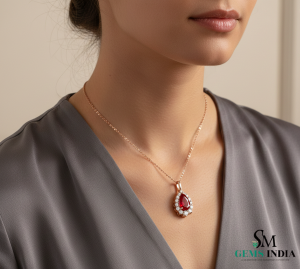 Pear Cut Natural Ruby and Diamond Halo Pendant in 14K gold